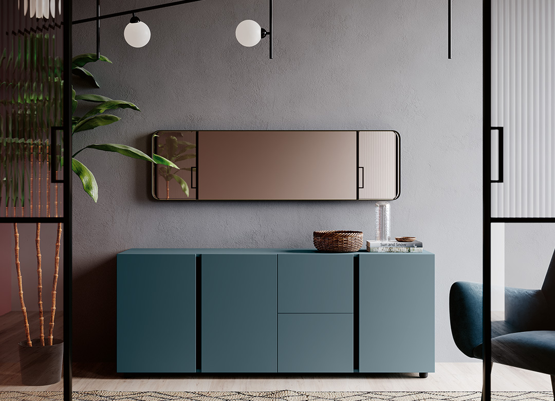 buffet favignana facade en couelurs unie bleue avec miroir