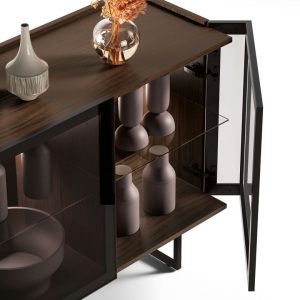 buffet porte en verre finition bois design et étagère en verre italien