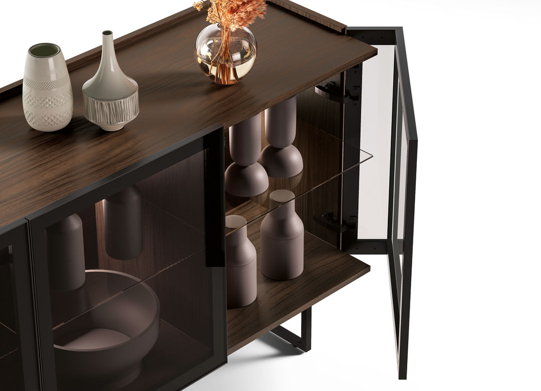 buffet porte en verre finition bois design et étagère en verre italien