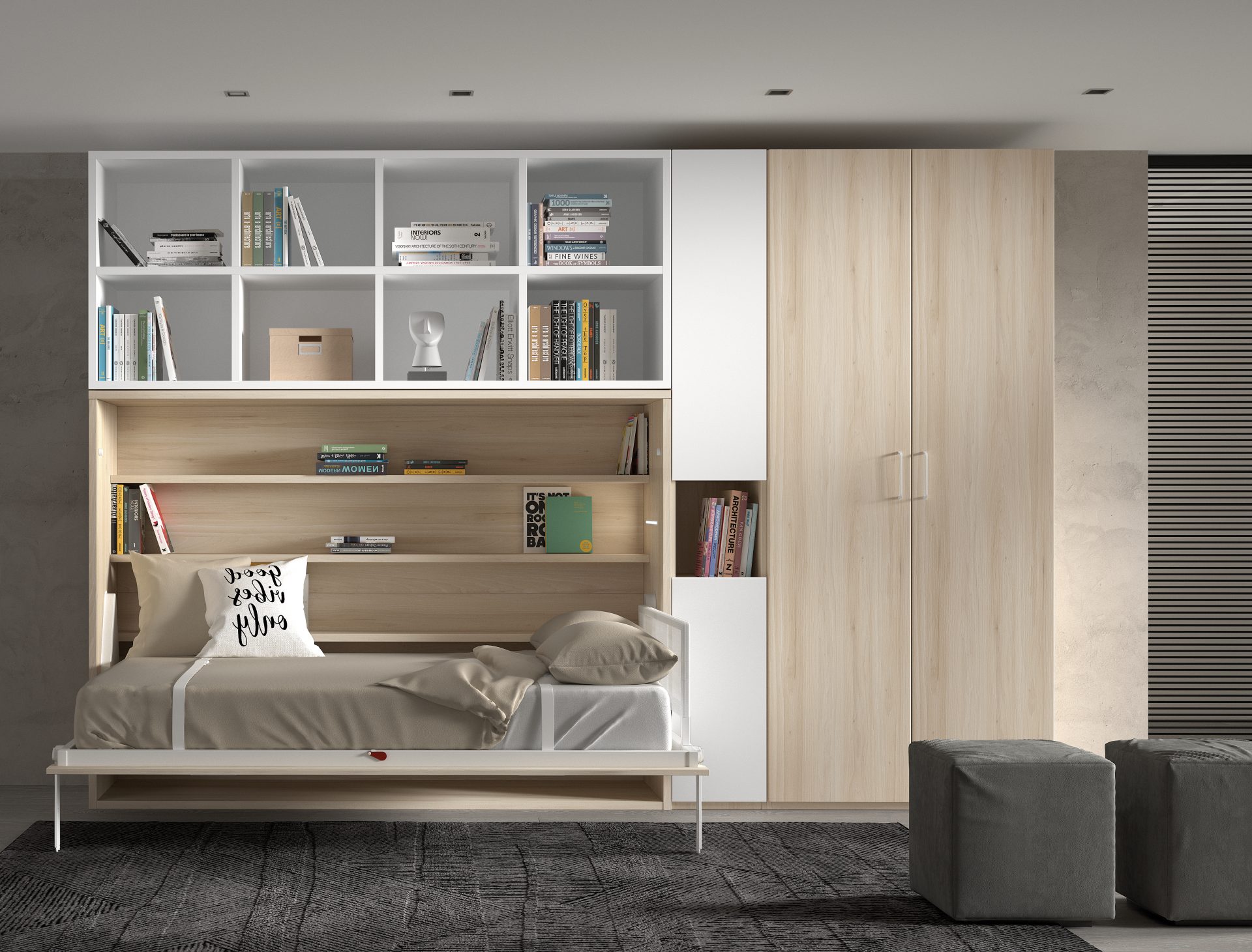 lit escamotable dans armoire en bois clair