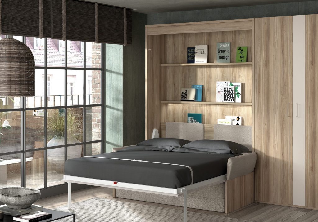 canapé lit escamotable ouvert avec étagères