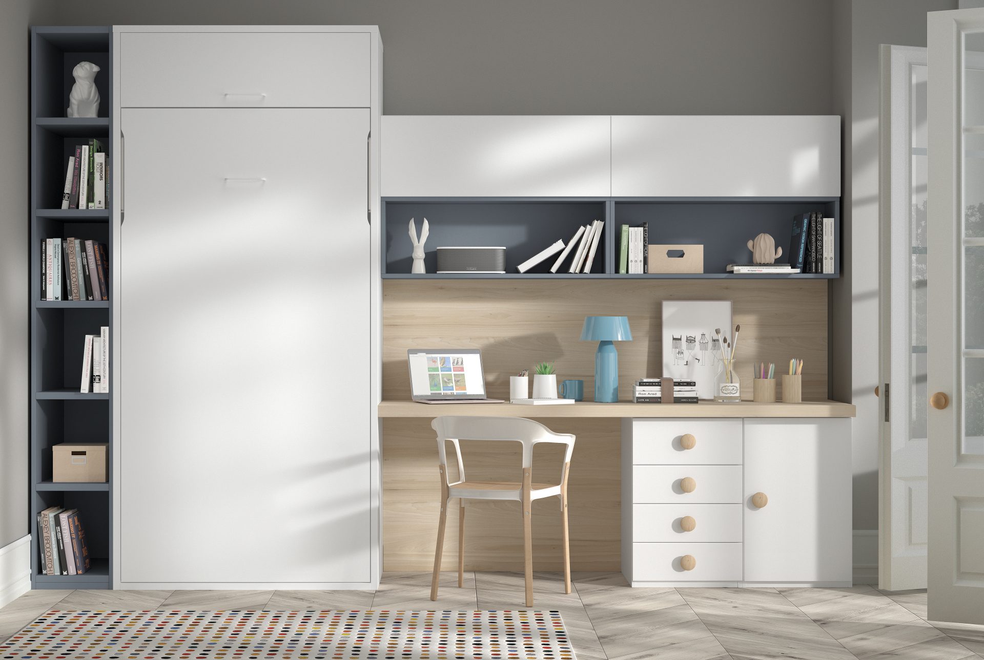 lit escamotable bureau blanc et bois