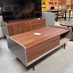 table basse effet noyer et gris laque avec tiroir